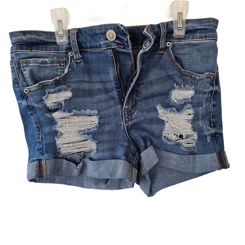 Aeropostale High Waisted Midi Denim Stretch Booty Shorts Ripped Distressed Sz 8